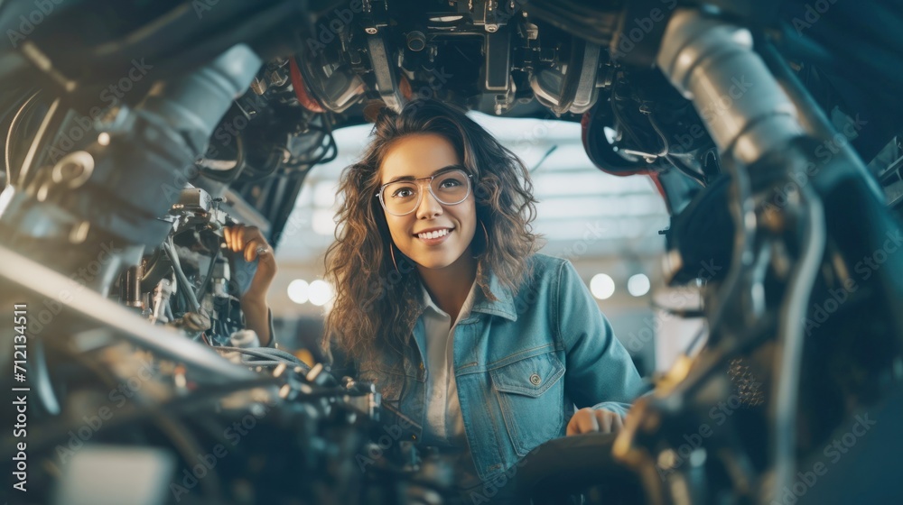 Portrait of a happy and confident female aerospace engineer works on an aircraft engine with expertise in technology and electronics in the aviation industry - obrazy, fototapety, plakaty 