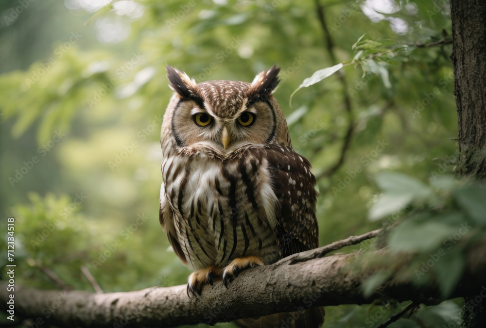 Owl in the tree branch summer time. AI generated Owl in the tree branch summer time. AI generated
