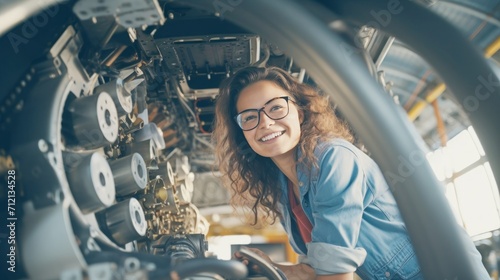 Portrait of a happy and confident female aerospace engineer works on an aircraft engine with expertise in technology and electronics in the aviation industry