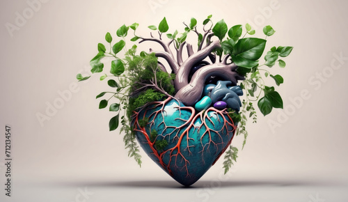 Realistic heart with plants and flowers. AI generated photo