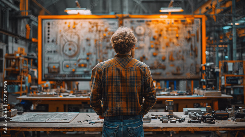 Engineer supervisor stands contemplatively with a hard hat, overseeing the busy operations of a bustling industrial facility. Engineer supervisor stands contemplatively with a hard hat, overseeing the busy operations of a bustling industrial facility.