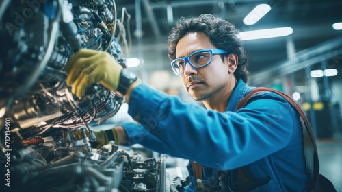 Portrait of a happy and confident male aerospace engineer works on an aircraft engine with expertise in technology and electronics in the aviation industry