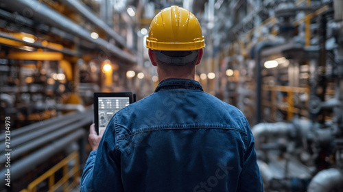 Industrial engineer man in a hard hat using a digital tablet to monitor and analyze machinery at a manufacturing plant. © feeling lucky