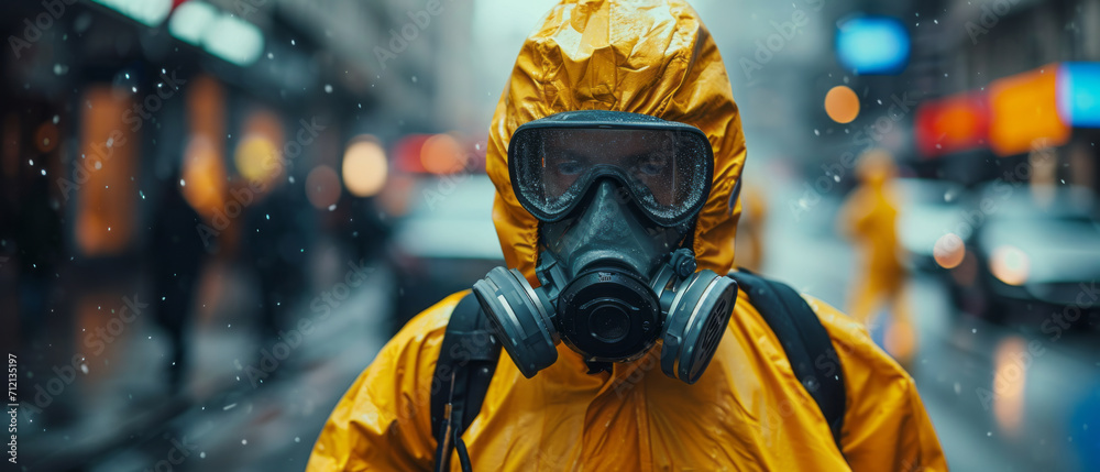 Man wearing bio hazard suits in on city streets due to pollution and ...