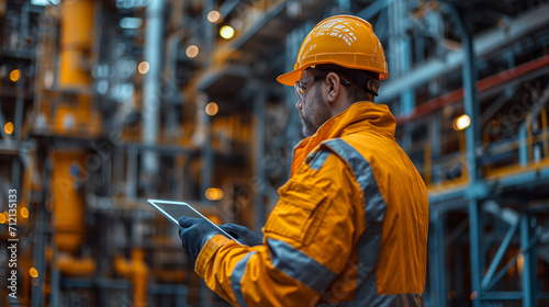 Industrial engineer man in a hard hat using a digital tablet to monitor and analyze machinery at a manufacturing plant.