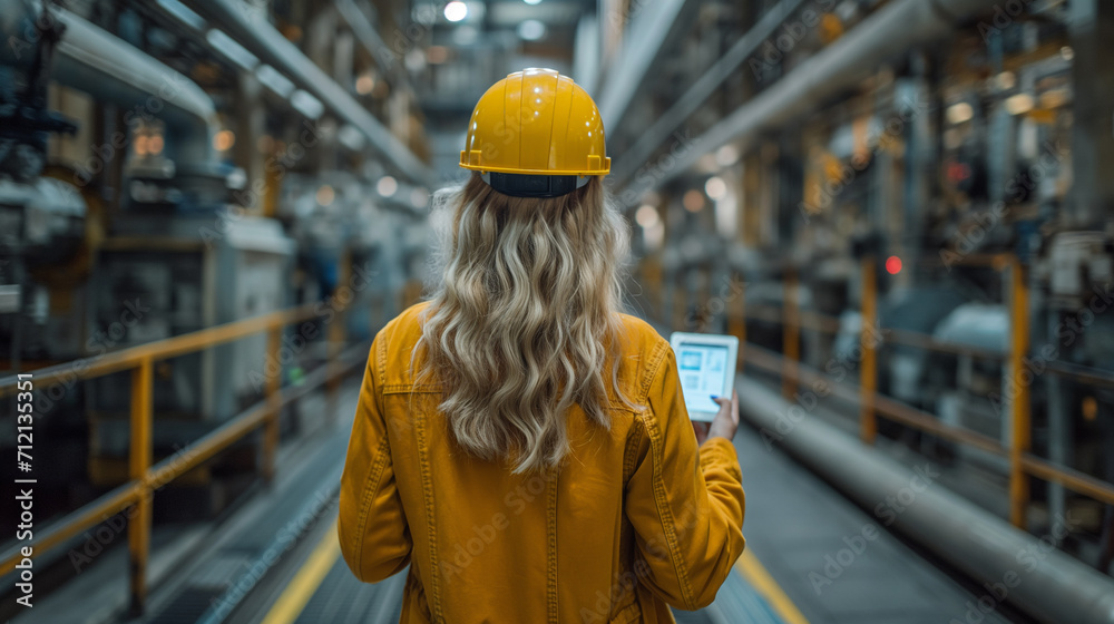 Industrial engineer woman in a hard hat using a digital tablet to monitor and analyze machinery at a manufacturing plant. Industrial engineer woman in a hard hat using a digital tablet to monitor and analyze machinery at a manufacturing plant.