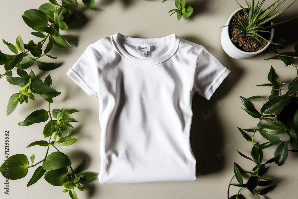 white t shirt mockup on the white table with other plants around it white t shirt mockup on the white table with other plants around it