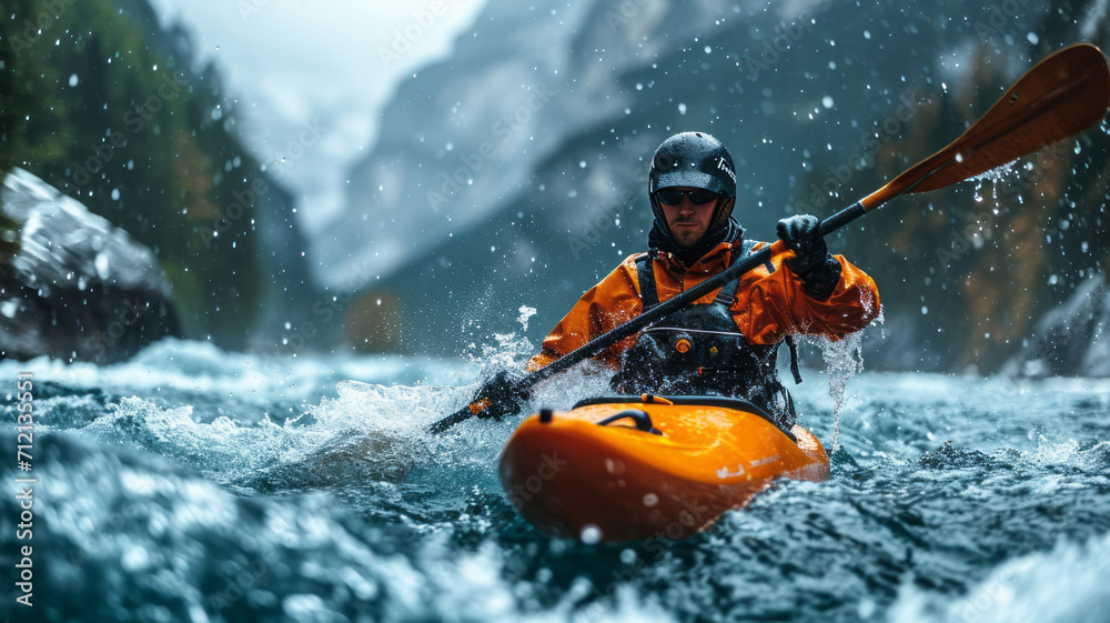 Fototapeta premium kayaker with whitewater kayaking, down a white water rapid river in the mountains, beautiful landscape background,henerative ai