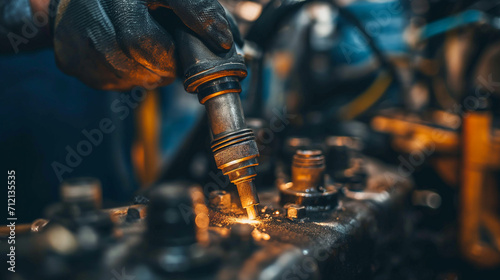 Skilled Mechanic Engineer Concentrating on Machinery Maintenance in overalls is focused on performing precise maintenance work on complex industrial machinery components. photo
