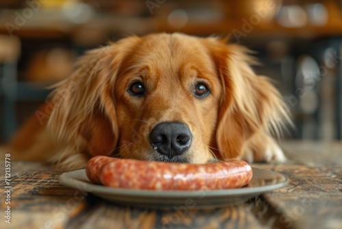 Curious Golden Retriever Eyeing a Juicy Sausage on a Wooden Table