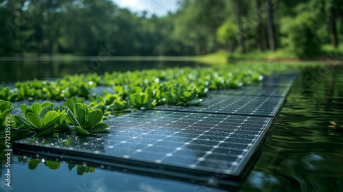 Solar panels floating among vibrant green aquatic plants on a peaceful lake.