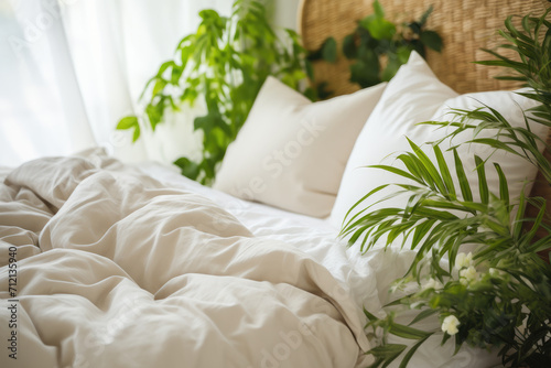 The minimalism with this Scandinavian-inspired bedroom, where the purity of white bedding meets the tranquility of indoor greenery.
