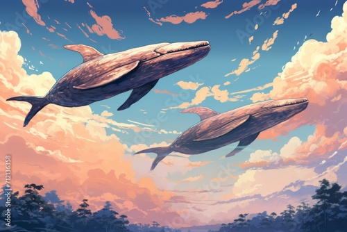 Majestic sky whales, soaring through the heavens with grace and tranquility - Generative AI © Sidewaypics