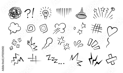 Manga or anime comic emoticon element graphic effects hand drawn doodle vector illustration set isolated on white background. Cartoon style manga doodle line expression scribble anime mark collection.