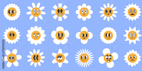 Set of daisy flowers with cute retro faces. Various emotions. Cute flower on a blue background. Big set of children's logo. Retro.