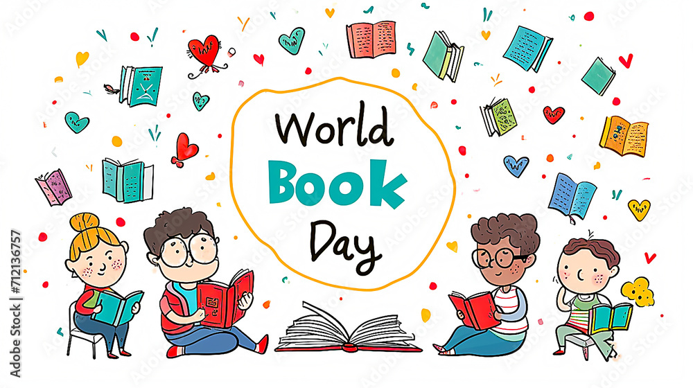 Illustration of children reading a picture book on World Book Day. Illustration of children reading a picture book on World Book Day.