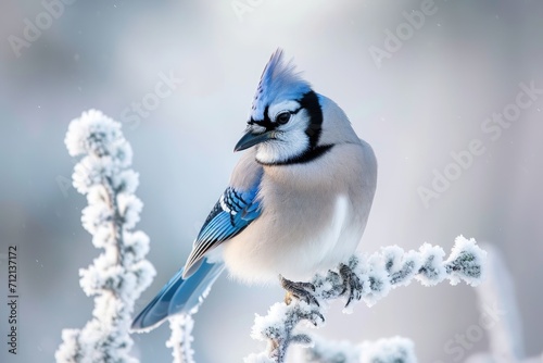 Regal blue jay perched on a frosty branch in a winter wonderland © furyon