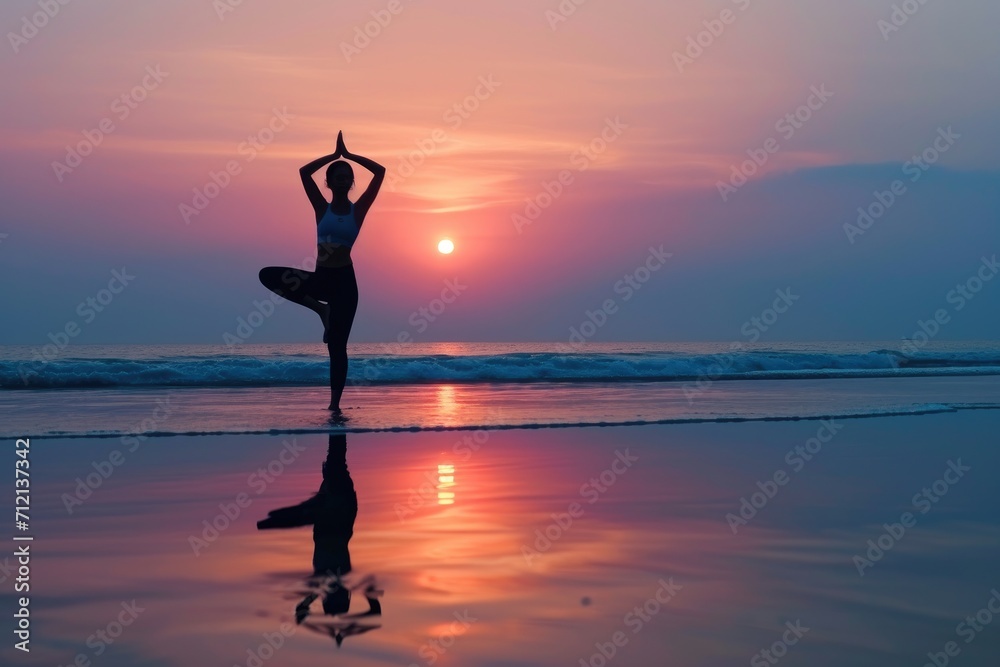Silhouette of a yoga practitioner performing a pose at the beach during sunrise