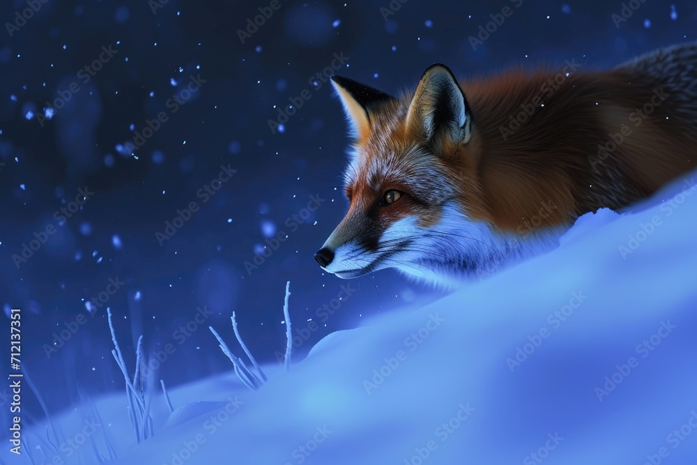 Sly fox cunningly navigating a snowy landscape under moonlight