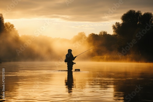 Silhouette of a lone fisherman casting a line in a river during a misty dawn