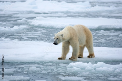 Solitary polar bear wandering across a vast Arctic ice floe