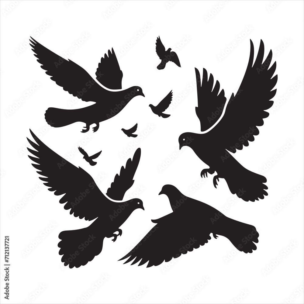 Obraz premium Whirlwind of Feathers: Bird Beauty Silhouette Set in a Spirited Dance of Pigeon Shadows - Pigeon Silhouette 