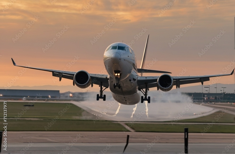 Naklejka premium A plane taking off from an airport from Generative AI
