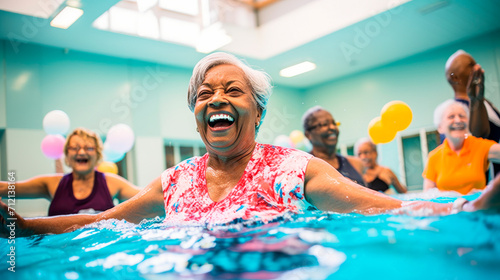 Senior citizens in brightly colored bathing suits with caps, goggles in pool laughing happily during water aerobics class. Elderly fitness, group exercise classes against backdrop of summer sunny day © stateronz
