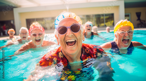 Senior citizens in brightly colored bathing suits with caps, goggles in pool laughing happily during water aerobics class. Elderly fitness, group exercise classes against backdrop of summer sunny day © stateronz