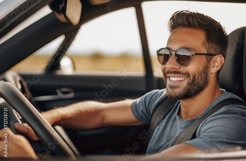 Handsome passenger enjoying a summer road trip in a car, scenic travel experience from Generative AI © Arceli