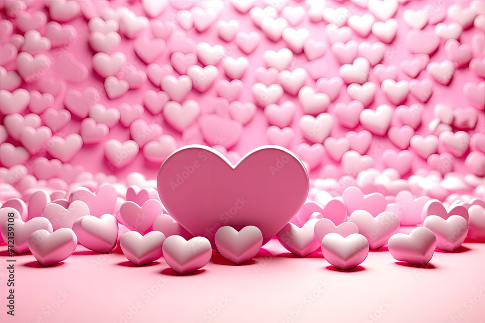 Valentine's Day. Many 3d hearts on a pink background. for Greeting Card, mothers day. 3d hearts balloons .copy space for text