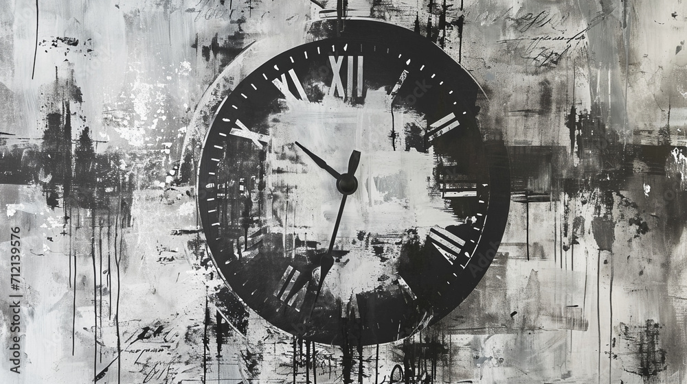 Black and White Abstract ink painting of background with old clock