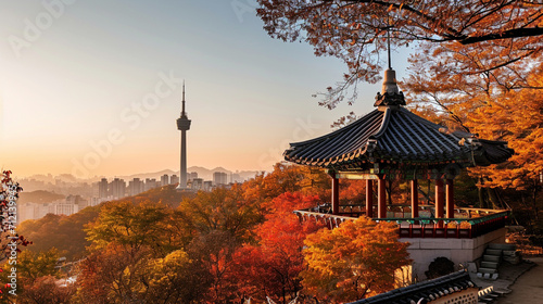 Namsan Tower and pavilion during the autumn leaves in Seoul. Generative Ai