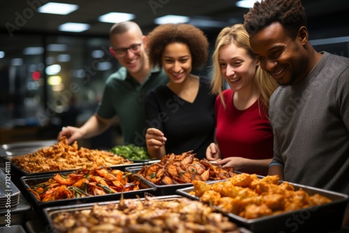 Colleagues representing various cultures bonding over a variety of street food delights in the office, Generative AI