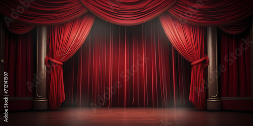 A stage with a red curtain and a spotlight that is on  Stage Performance with Red Velvet Background