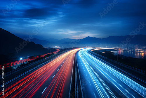 traffic on highway at night , with the fast-moving vehicles creating vibrant red and white light trails. 