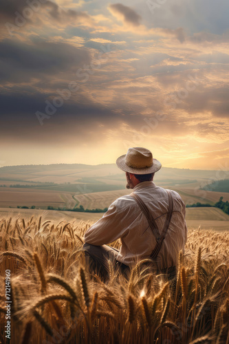 Vertical portrait of a farmer in a wheat field at sunset © Henrry L