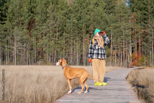 Woman with hunting Hungarian vyzhla dog walking in ecological trail on swamp looking through binoculars on birds. Ornithology, bird watching observation concept. Tourism travel vacation in Scandinavia photo