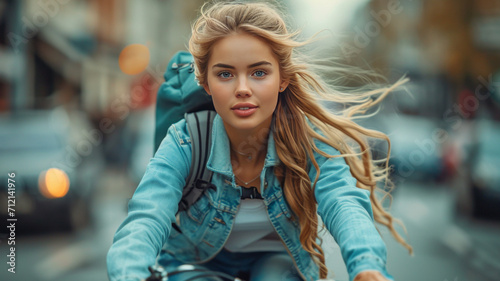 Wallpaper Mural a young beautiful blonde american woman riding a bicycle on a road in a city street.,generative ai Torontodigital.ca