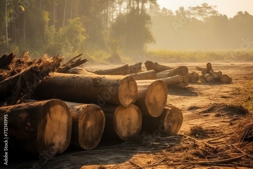 Deforestation impacting forests and contributing to global warming by cutting trees for industry. Generative AI