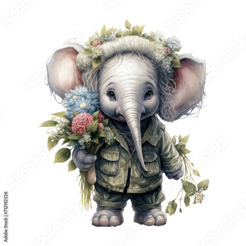 Cute baby stuffed elephant dressed in vintage clothes