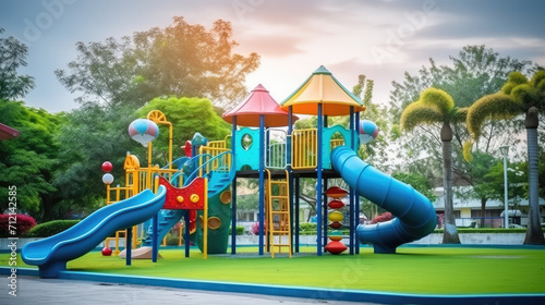 outside playground with colorful play equipment, playground in the park photo