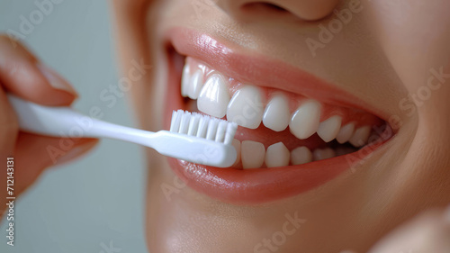 beautiful mouth of woman with hand holding brush brushing, young woman brushing her teeth with a toothbrush isolated on white background.generative ai