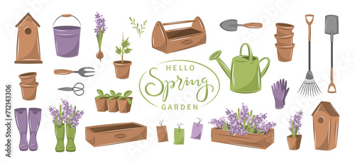 Gardening, growing plants, agricultural tools. Hello spring garden text.  Vector illustration Isolated on white.