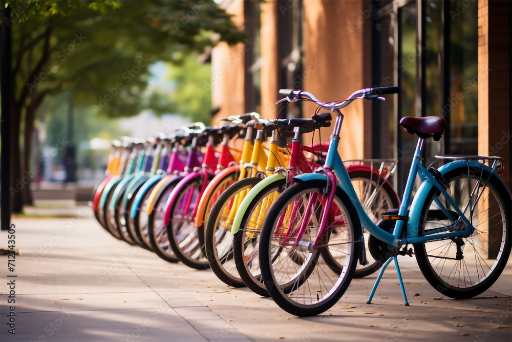 Three beautiful lady city bright colored bicycles or bikes for woman standing in the summer park outdoors, wheel closeup transparent background Generative Ai