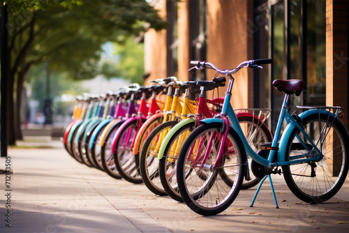 Three beautiful lady city bright colored bicycles or bikes for woman standing in the summer park outdoors, wheel closeup transparent background Generative Ai © AbdullahAl