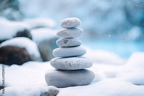 Harmony and balance  cairn  poise stones on light background  rock zen sculpture  five white pebbles  three pebbles in white snow  sunny transparent background Generative Ai