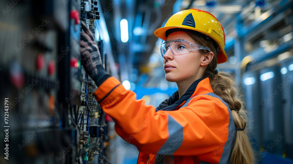 Female commercial electrician at work on a fuse box in factory, adorned in safety gear,genertative ai