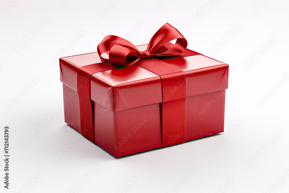 Fototapeta premium A festive red gift box with a charming bow. Ideal for holiday and celebration-themed designs, greeting cards, invitations, and packaging concepts.