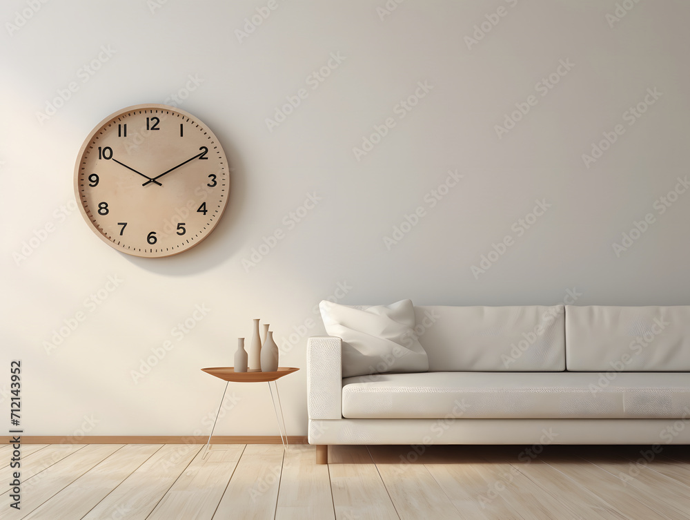 Living room with furniture and big wall clock - obrazy, fototapety, plakaty 